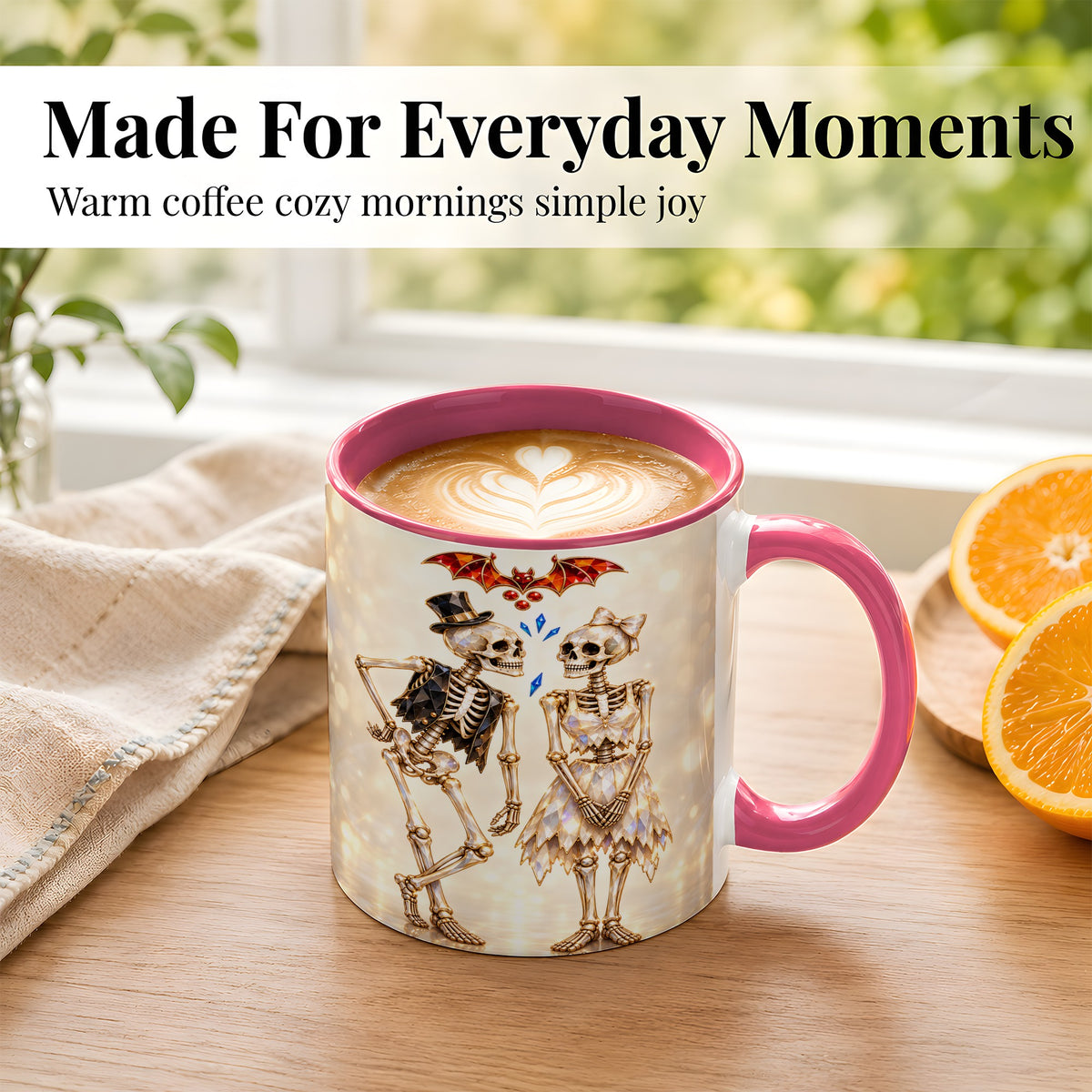 #pl[11oz|Pink] Glowing Skeleton Couple Coffee Mug, Gothic Romance Mug, Ceramic Cup