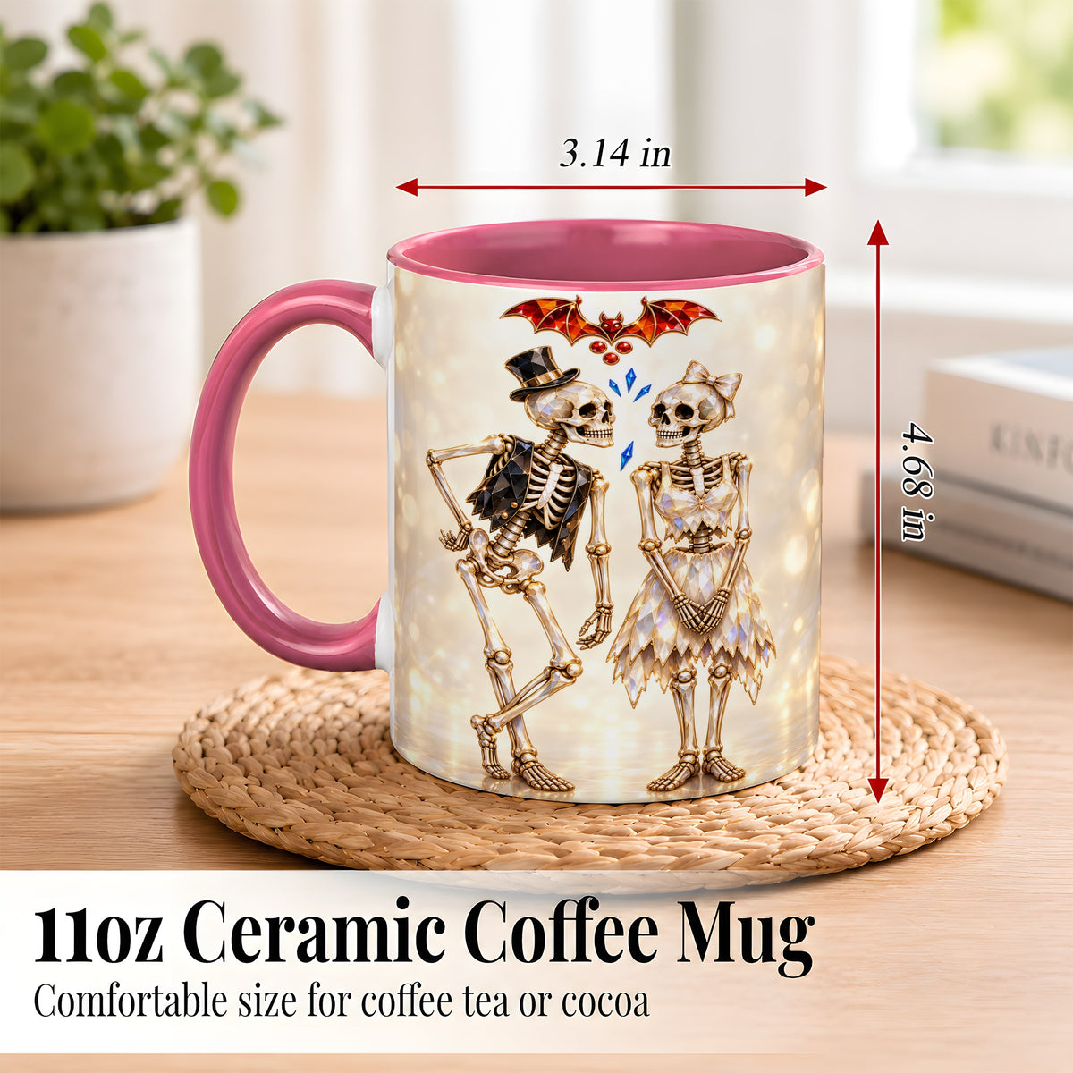 #pl[11oz|Pink] Glowing Skeleton Couple Coffee Mug, Gothic Romance Mug, Ceramic Cup