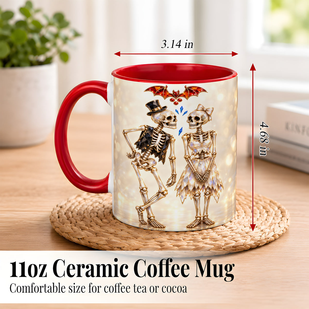 #pl[11oz|Red] Glowing Skeleton Couple Coffee Mug, Gothic Romance Mug, Ceramic Cup