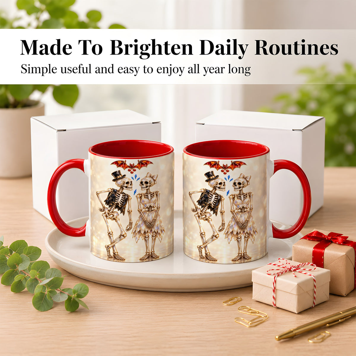 #pl[11oz|Red] Glowing Skeleton Couple Coffee Mug, Gothic Romance Mug, Ceramic Cup