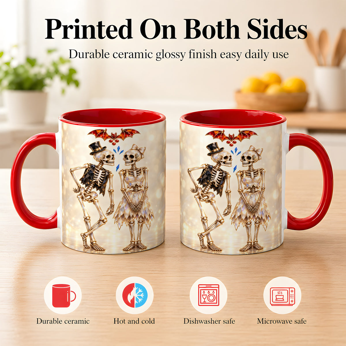 #pl[11oz|Red] Glowing Skeleton Couple Coffee Mug, Gothic Romance Mug, Ceramic Cup