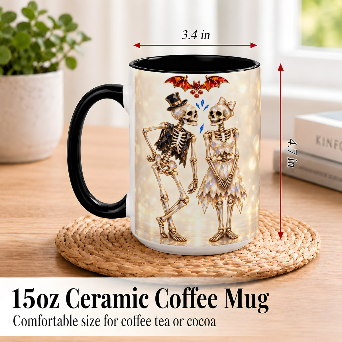 #pl[15oz|Black] Glowing Skeleton Couple Coffee Mug, Gothic Romance Mug, Ceramic Cup