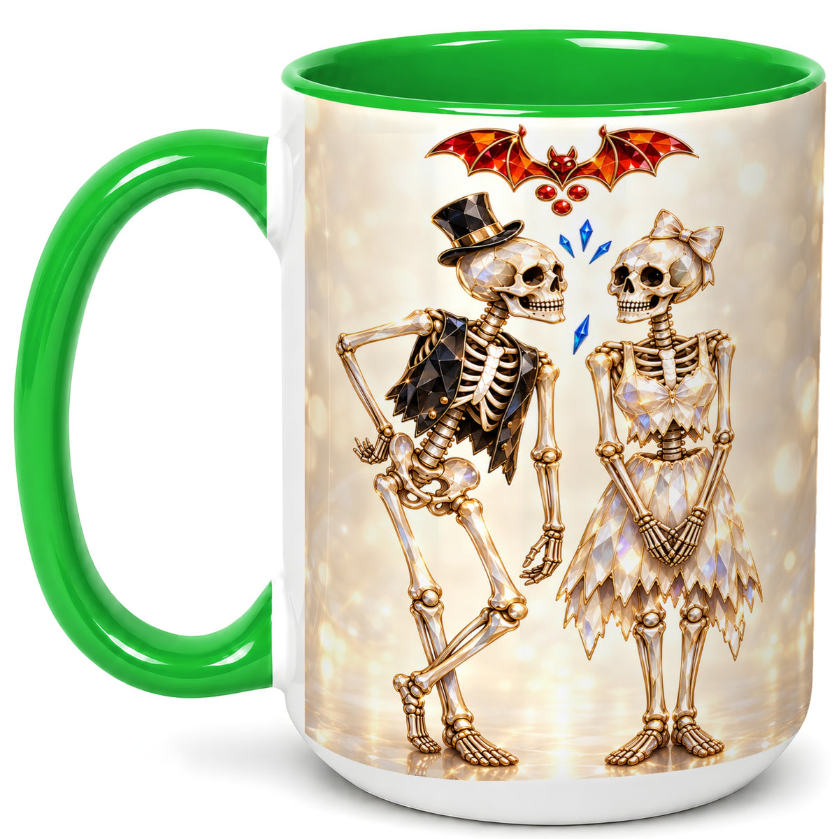 #pl[15oz|Green] Glowing Skeleton Couple Coffee Mug, Gothic Romance Mug, Ceramic Cup
