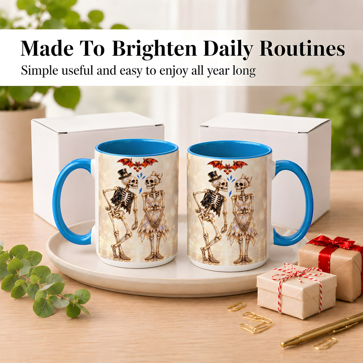 #pl[15oz|Blue] Glowing Skeleton Couple Coffee Mug, Gothic Romance Mug, Ceramic Cup