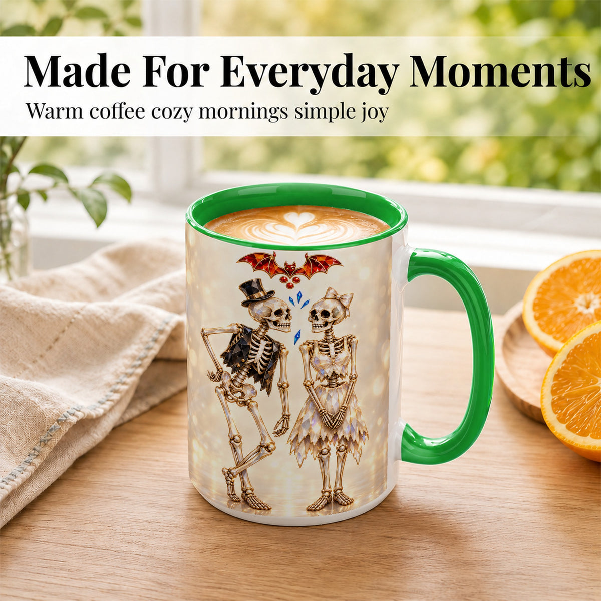 #pl[15oz|Green] Glowing Skeleton Couple Coffee Mug, Gothic Romance Mug, Ceramic Cup