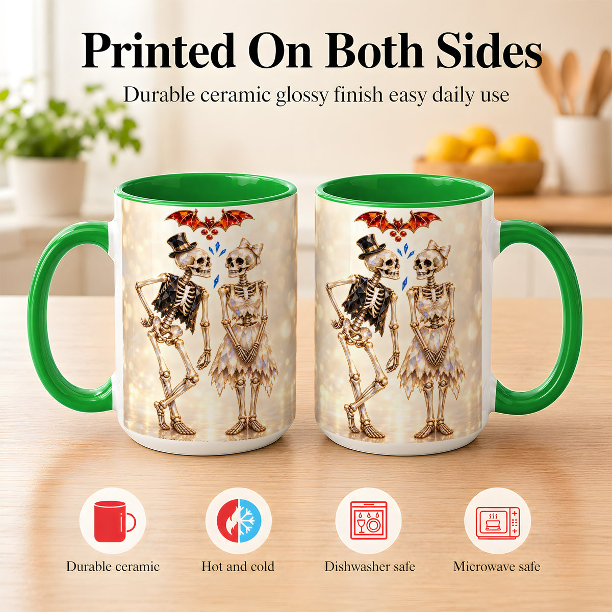 #pl[15oz|Green] Glowing Skeleton Couple Coffee Mug, Gothic Romance Mug, Ceramic Cup