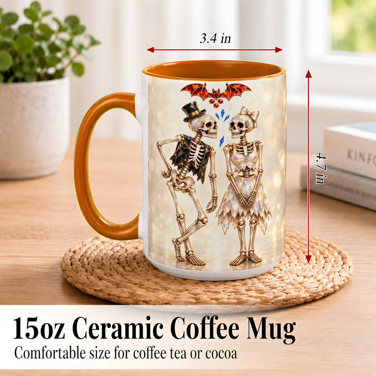#pl[15oz|Orange] Glowing Skeleton Couple Coffee Mug, Gothic Romance Mug, Ceramic Cup