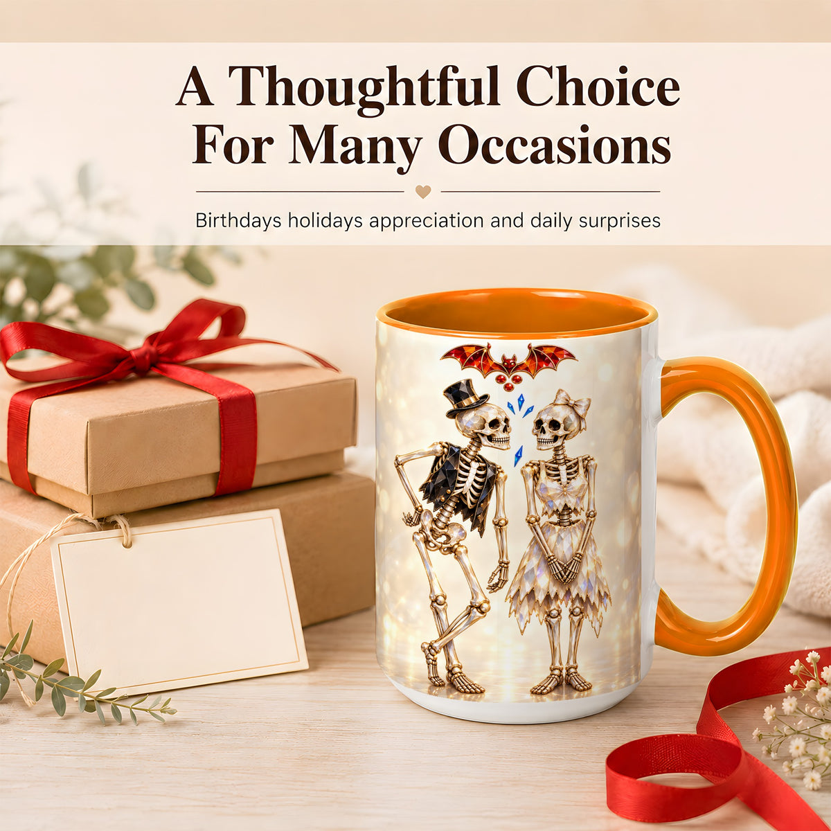 #pl[15oz|Orange] Glowing Skeleton Couple Coffee Mug, Gothic Romance Mug, Ceramic Cup