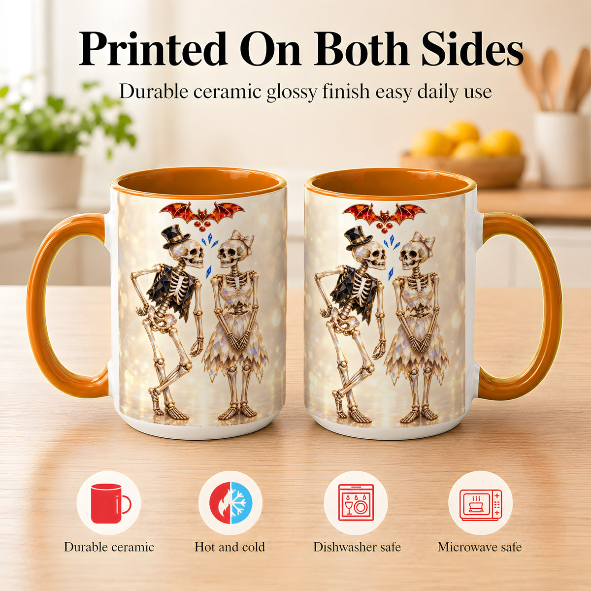 #pl[15oz|Orange] Glowing Skeleton Couple Coffee Mug, Gothic Romance Mug, Ceramic Cup