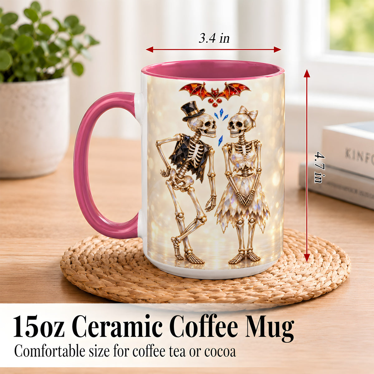 #pl[15oz|Pink] Glowing Skeleton Couple Coffee Mug, Gothic Romance Mug, Ceramic Cup