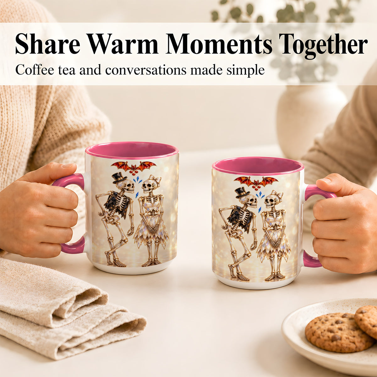 #pl[15oz|Pink] Glowing Skeleton Couple Coffee Mug, Gothic Romance Mug, Ceramic Cup