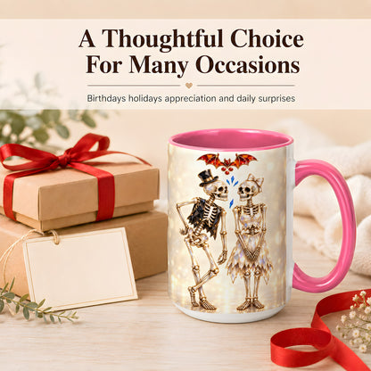 #pl[15oz|Pink] Glowing Skeleton Couple Coffee Mug, Gothic Romance Mug, Ceramic Cup