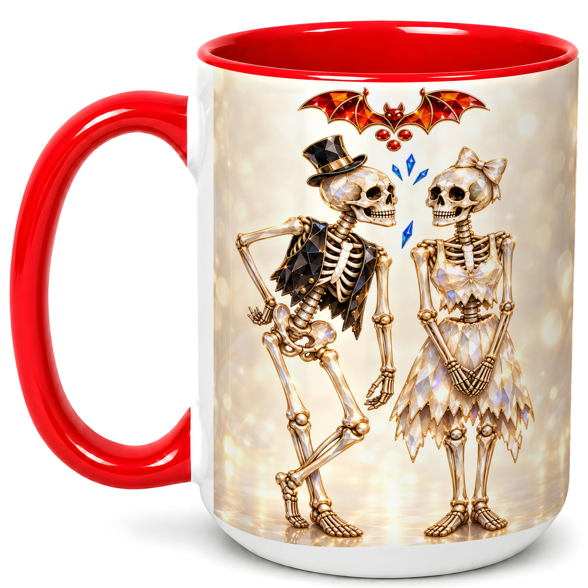 #pl[15oz|Red] Glowing Skeleton Couple Coffee Mug, Gothic Romance Mug, Ceramic Cup