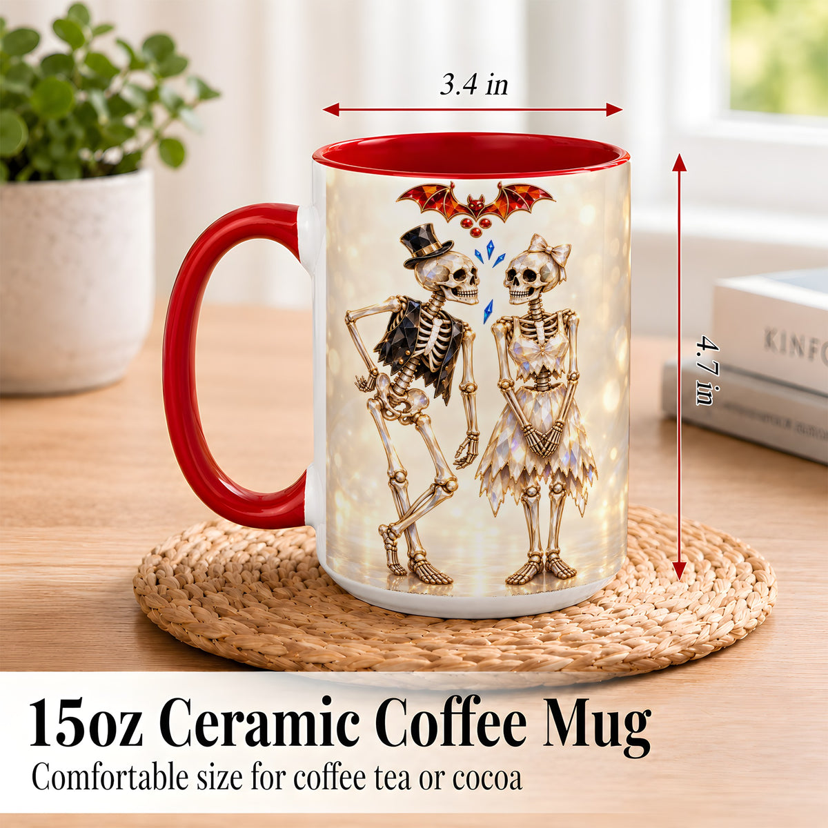 #pl[15oz|Red] Glowing Skeleton Couple Coffee Mug, Gothic Romance Mug, Ceramic Cup