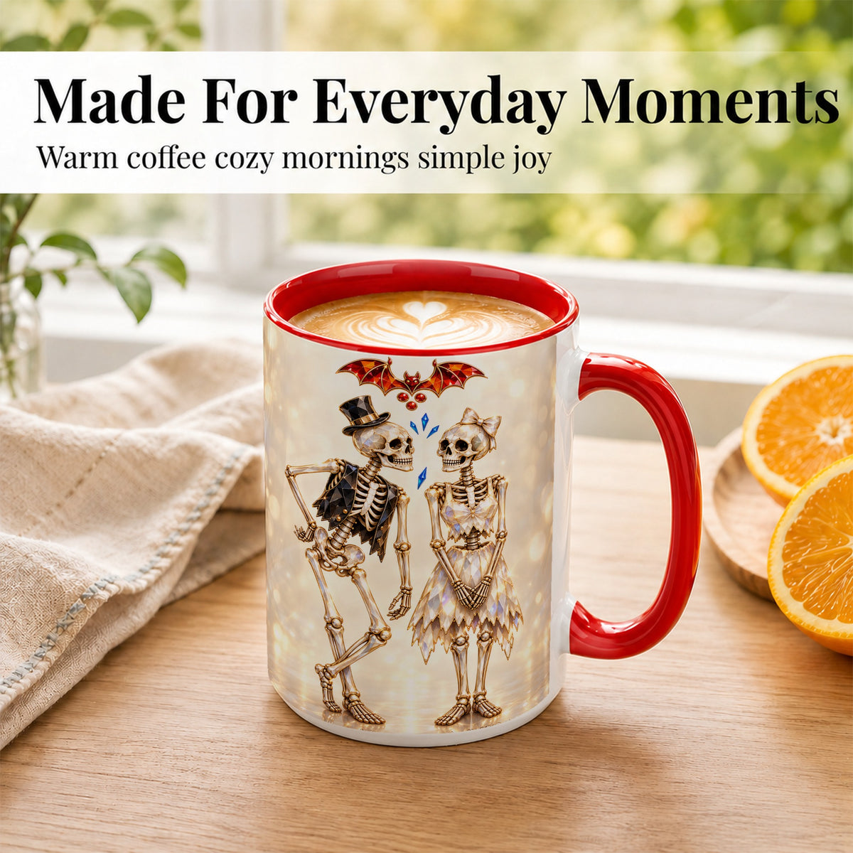 #pl[15oz|Red] Glowing Skeleton Couple Coffee Mug, Gothic Romance Mug, Ceramic Cup
