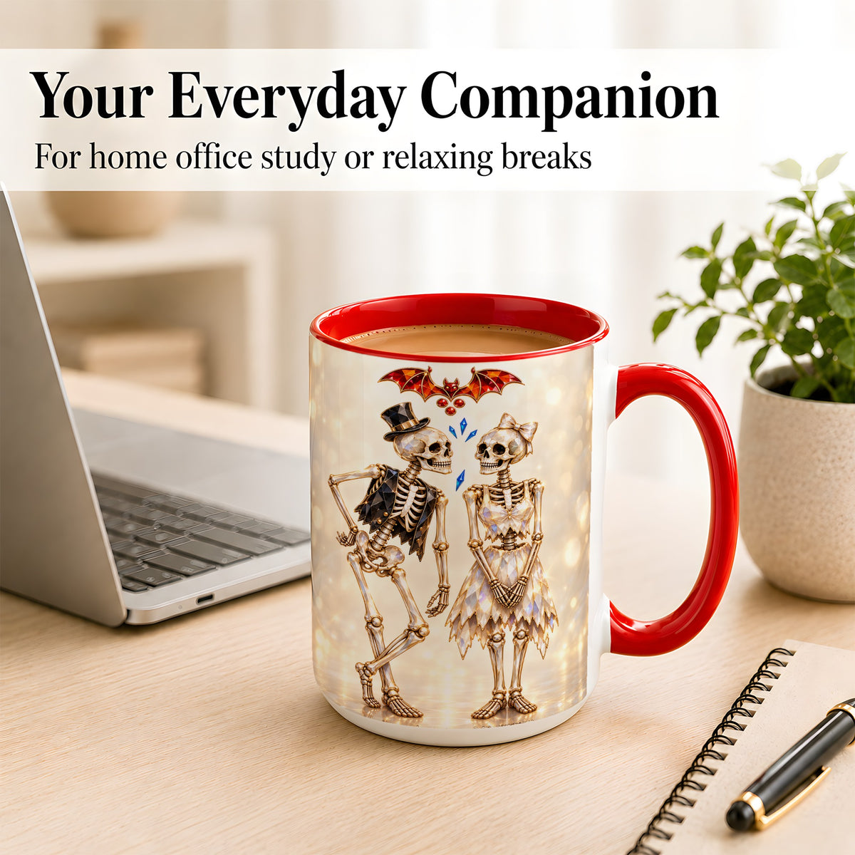 #pl[15oz|Red] Glowing Skeleton Couple Coffee Mug, Gothic Romance Mug, Ceramic Cup