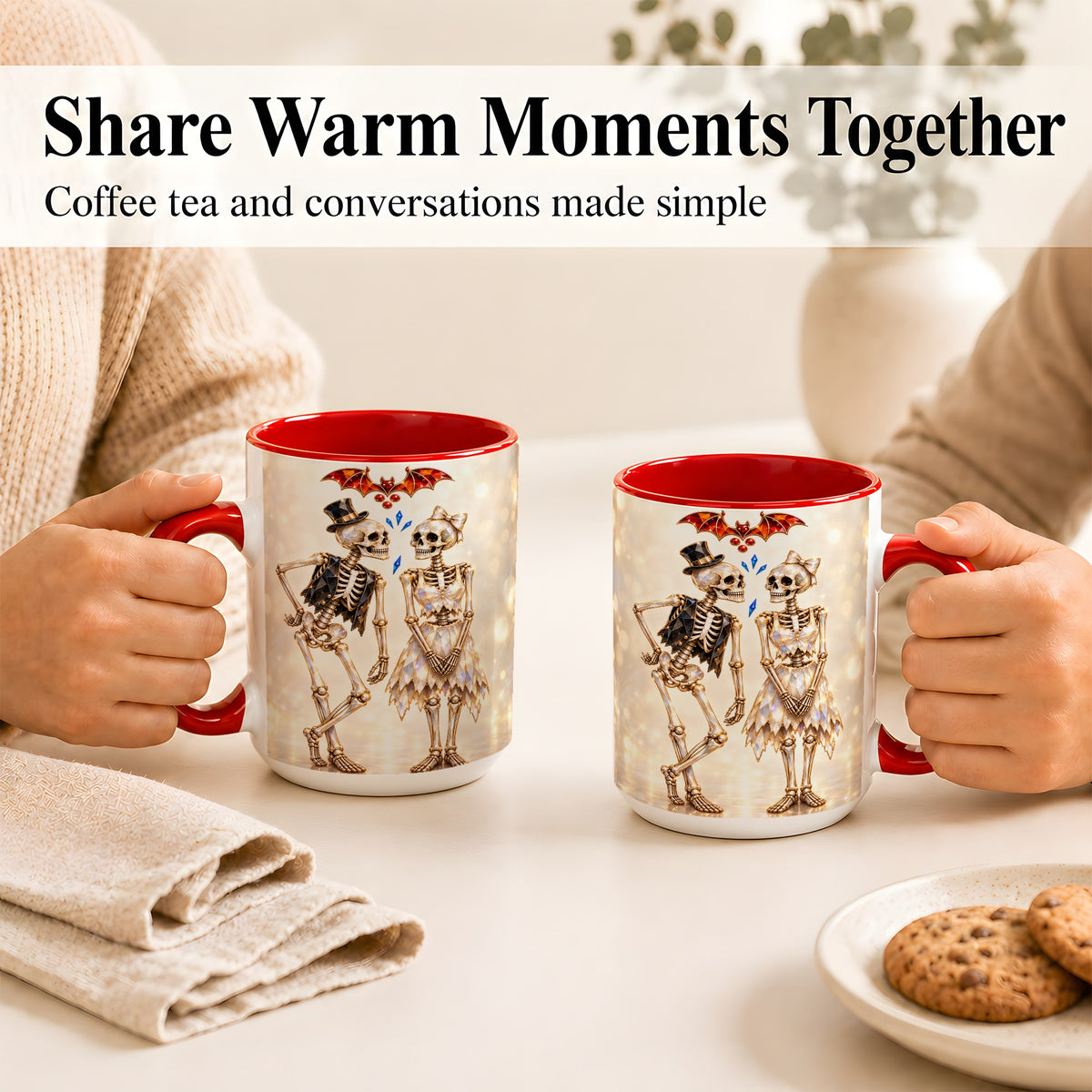 #pl[15oz|Red] Glowing Skeleton Couple Coffee Mug, Gothic Romance Mug, Ceramic Cup