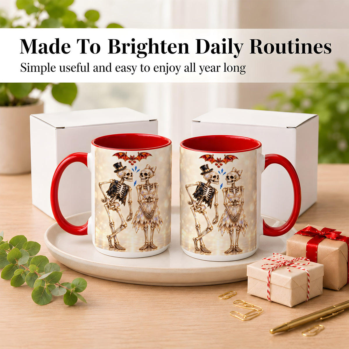 #pl[15oz|Red] Glowing Skeleton Couple Coffee Mug, Gothic Romance Mug, Ceramic Cup
