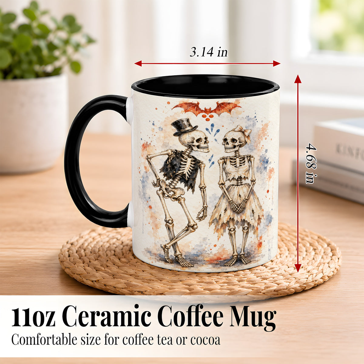 #pl[11oz|Black] Skeleton Couple Coffee Mug, Watercolor Gothic Mug, Ceramic Cup