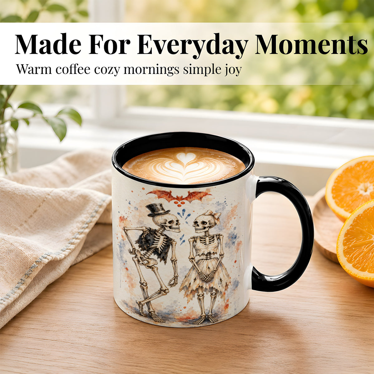 #pl[11oz|Black] Skeleton Couple Coffee Mug, Watercolor Gothic Mug, Ceramic Cup