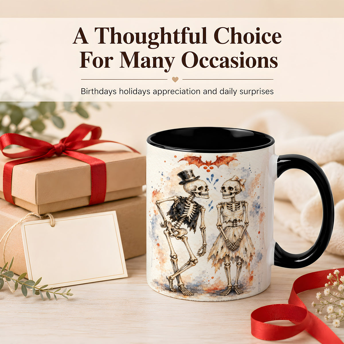 #pl[11oz|Black] Skeleton Couple Coffee Mug, Watercolor Gothic Mug, Ceramic Cup