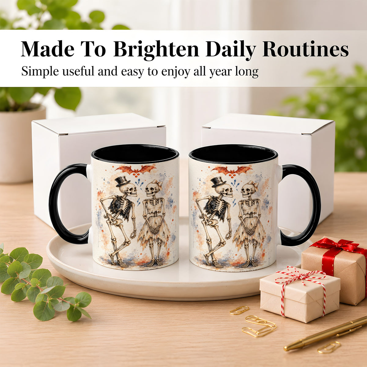 #pl[11oz|Black] Skeleton Couple Coffee Mug, Watercolor Gothic Mug, Ceramic Cup