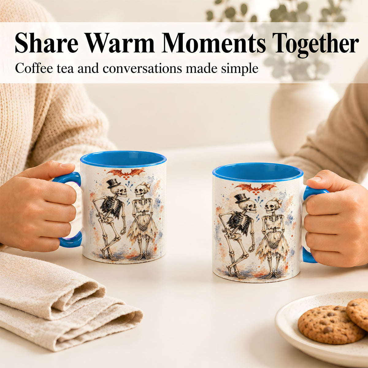 #pl[11oz|Blue] Skeleton Couple Coffee Mug, Watercolor Gothic Mug, Ceramic Cup