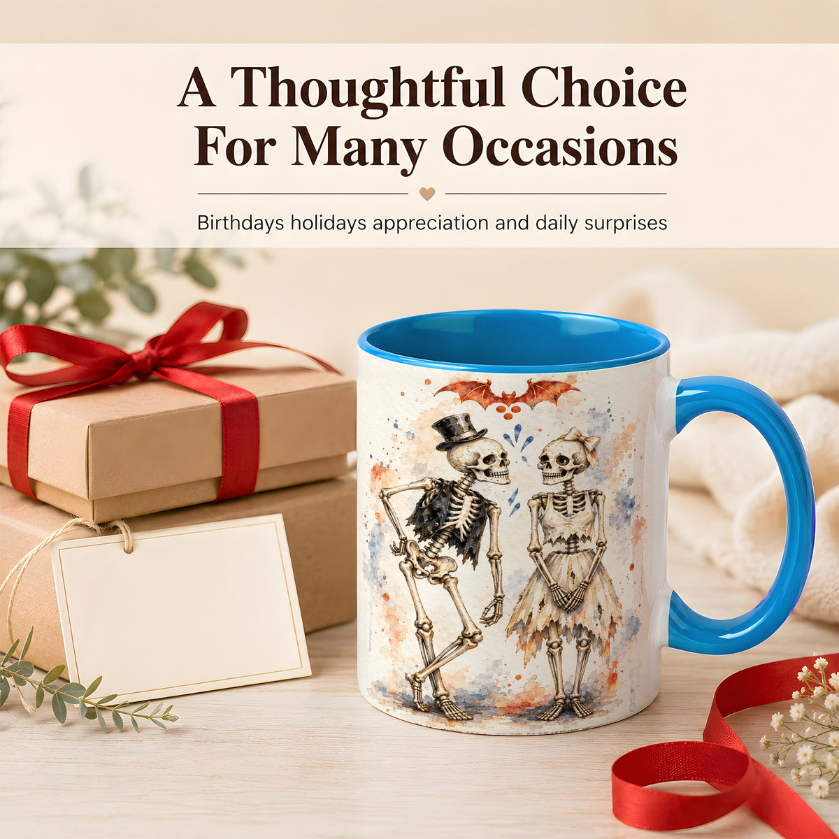 #pl[11oz|Blue] Skeleton Couple Coffee Mug, Watercolor Gothic Mug, Ceramic Cup