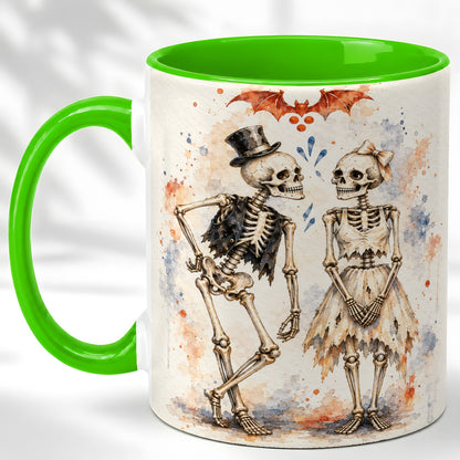#pl[11oz|Green] Skeleton Couple Coffee Mug, Watercolor Gothic Mug, Ceramic Cup