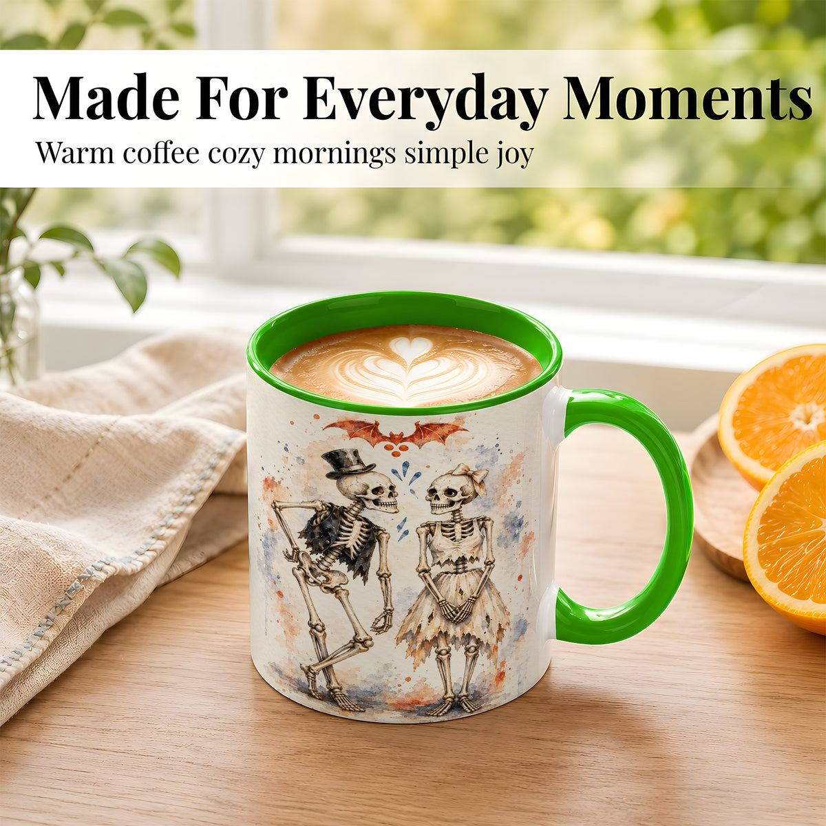 #pl[11oz|Green] Skeleton Couple Coffee Mug, Watercolor Gothic Mug, Ceramic Cup