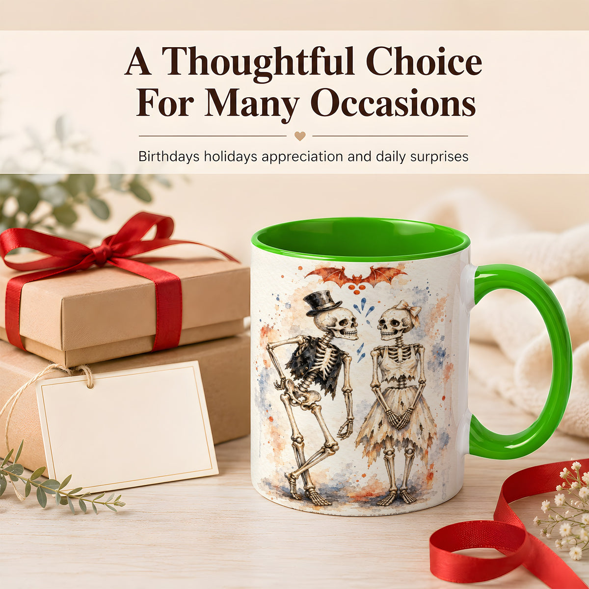 #pl[11oz|Green] Skeleton Couple Coffee Mug, Watercolor Gothic Mug, Ceramic Cup
