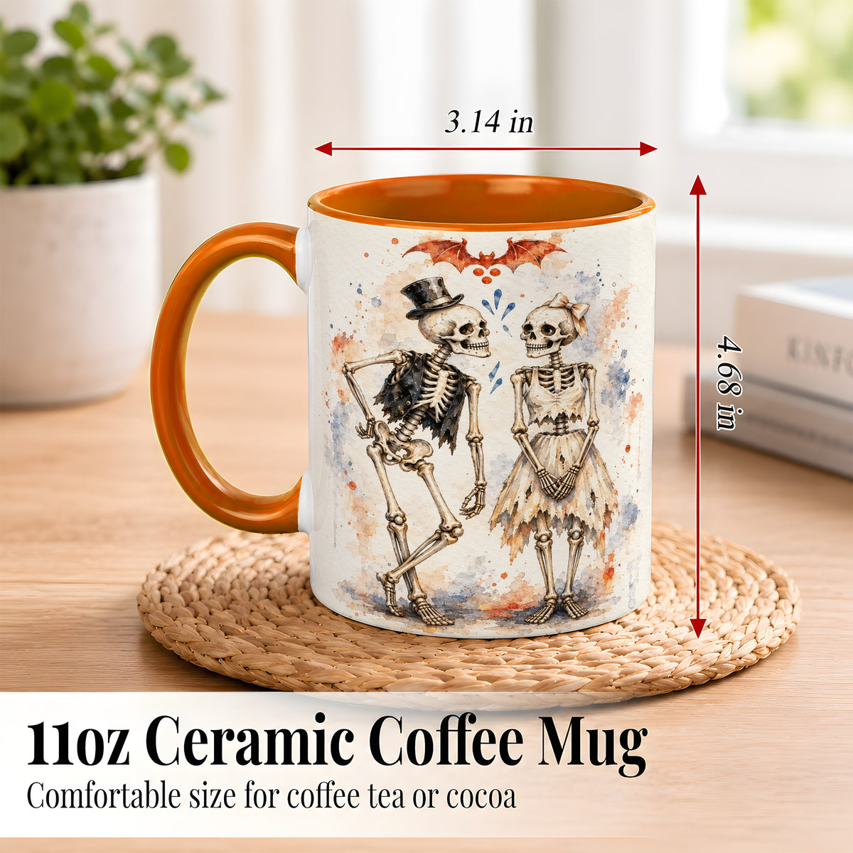 #pl[11oz|Orange] Skeleton Couple Coffee Mug, Watercolor Gothic Mug, Ceramic Cup