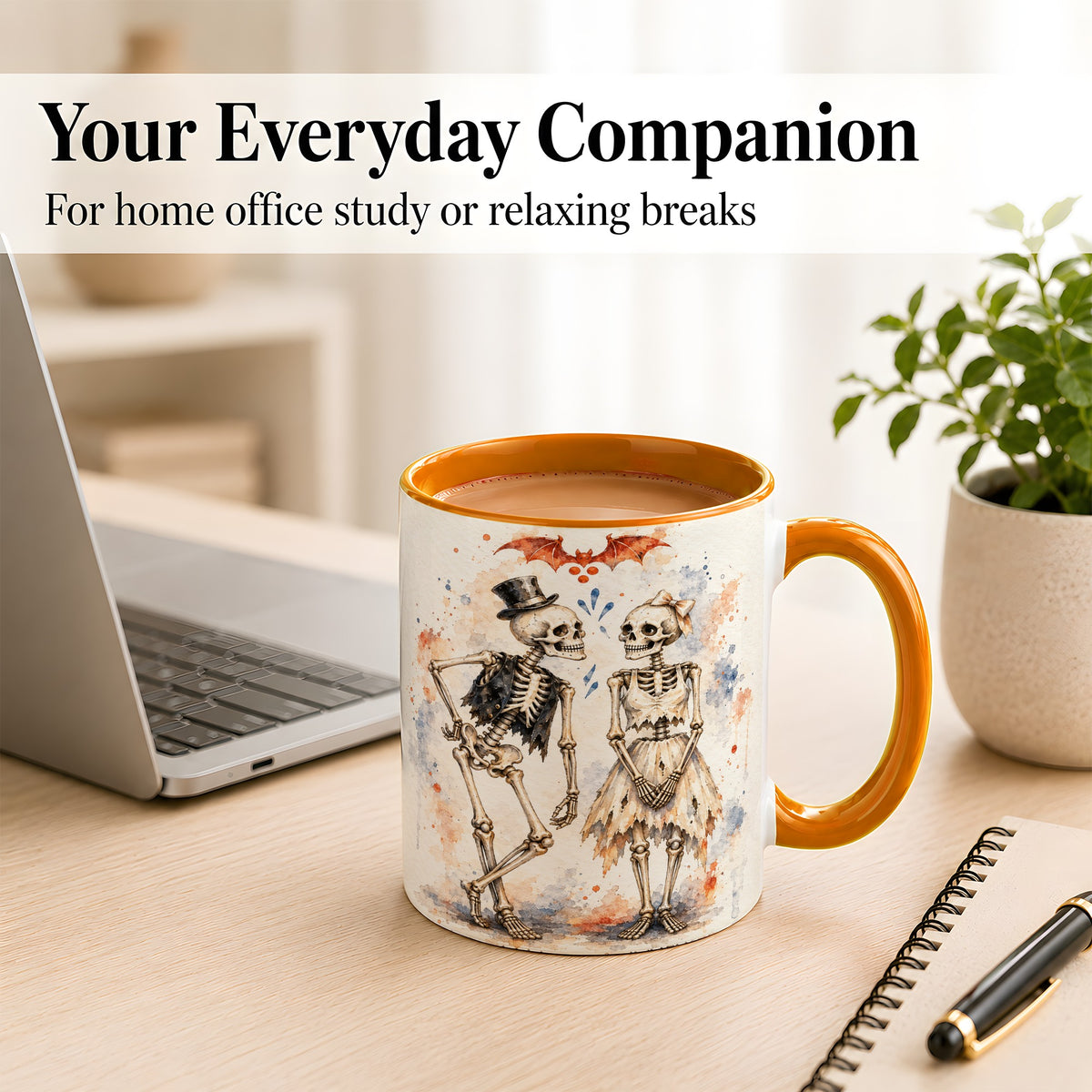 #pl[11oz|Orange] Skeleton Couple Coffee Mug, Watercolor Gothic Mug, Ceramic Cup