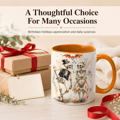 #pl[11oz|Orange] Skeleton Couple Coffee Mug, Watercolor Gothic Mug, Ceramic Cup
