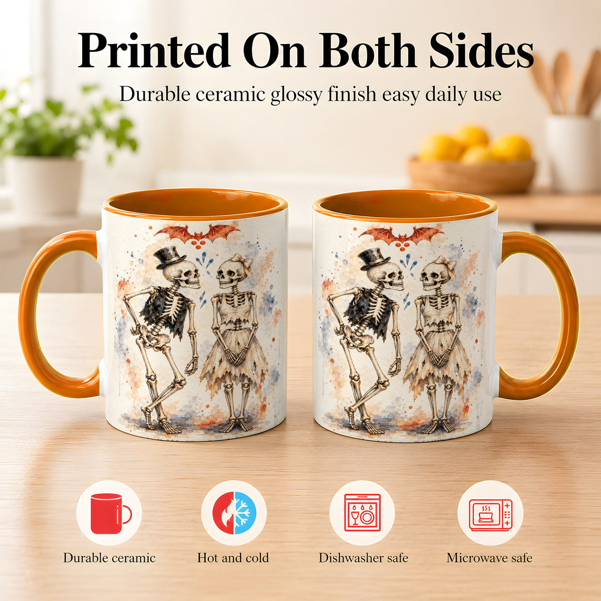 #pl[11oz|Orange] Skeleton Couple Coffee Mug, Watercolor Gothic Mug, Ceramic Cup