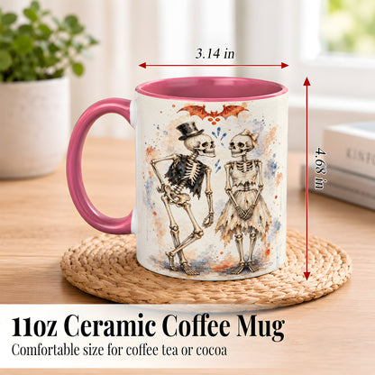 #pl[11oz|Pink] Skeleton Couple Coffee Mug, Watercolor Gothic Mug, Ceramic Cup