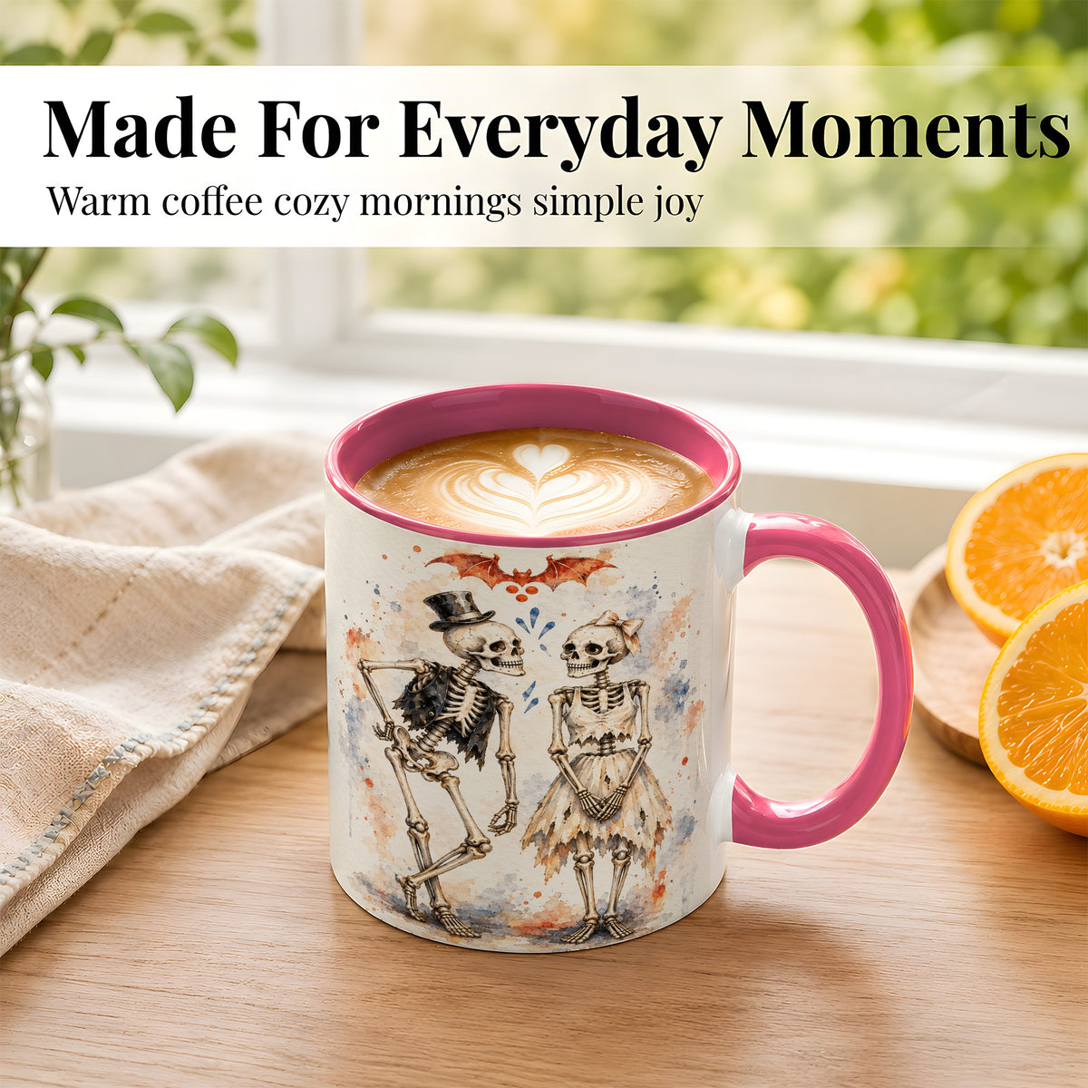 #pl[11oz|Pink] Skeleton Couple Coffee Mug, Watercolor Gothic Mug, Ceramic Cup
