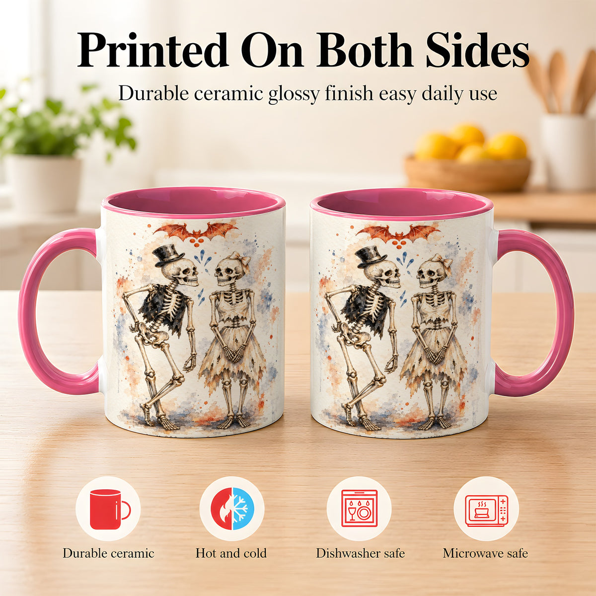 #pl[11oz|Pink] Skeleton Couple Coffee Mug, Watercolor Gothic Mug, Ceramic Cup