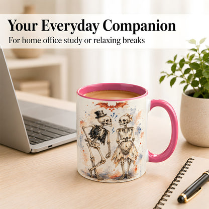 #pl[11oz|Pink] Skeleton Couple Coffee Mug, Watercolor Gothic Mug, Ceramic Cup