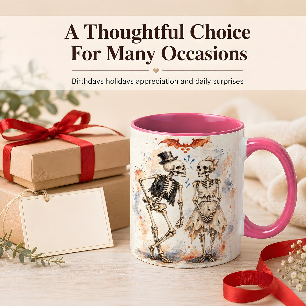 #pl[11oz|Pink] Skeleton Couple Coffee Mug, Watercolor Gothic Mug, Ceramic Cup