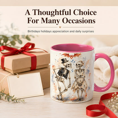 #pl[11oz|Pink] Skeleton Couple Coffee Mug, Watercolor Gothic Mug, Ceramic Cup