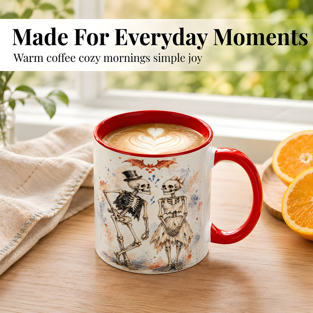 #pl[11oz|Red] Skeleton Couple Coffee Mug, Watercolor Gothic Mug, Ceramic Cup