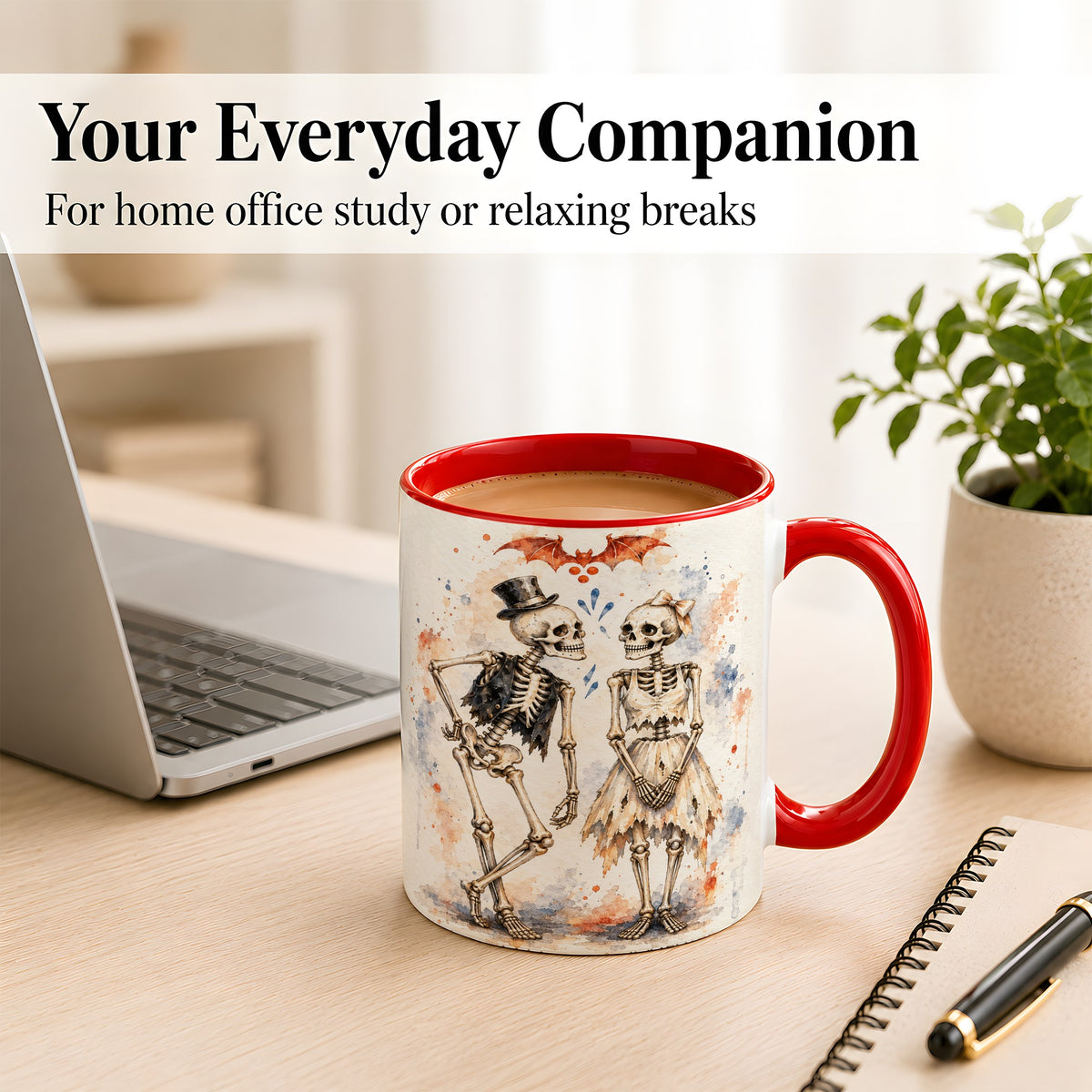 #pl[11oz|Red] Skeleton Couple Coffee Mug, Watercolor Gothic Mug, Ceramic Cup