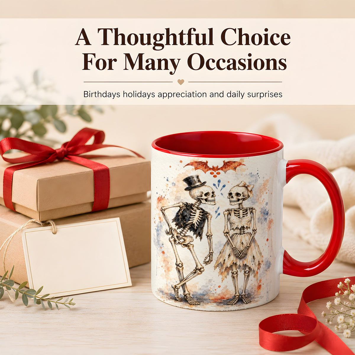 #pl[11oz|Red] Skeleton Couple Coffee Mug, Watercolor Gothic Mug, Ceramic Cup
