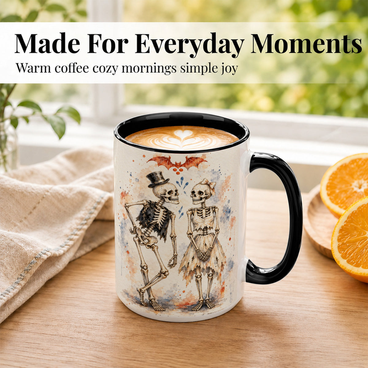 #pl[15oz|Black] Skeleton Couple Coffee Mug, Watercolor Gothic Mug, Ceramic Cup