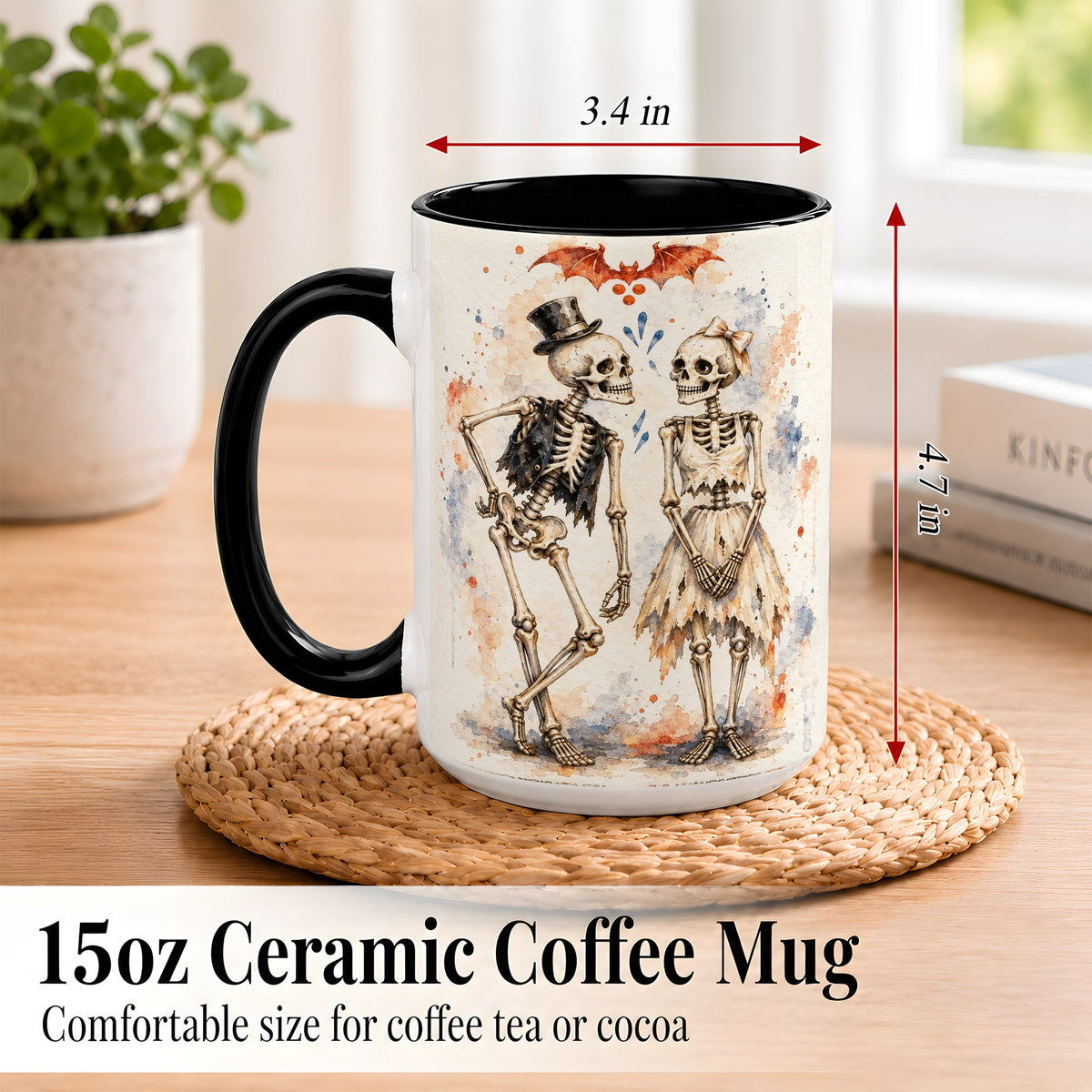 #pl[15oz|Black] Skeleton Couple Coffee Mug, Watercolor Gothic Mug, Ceramic Cup