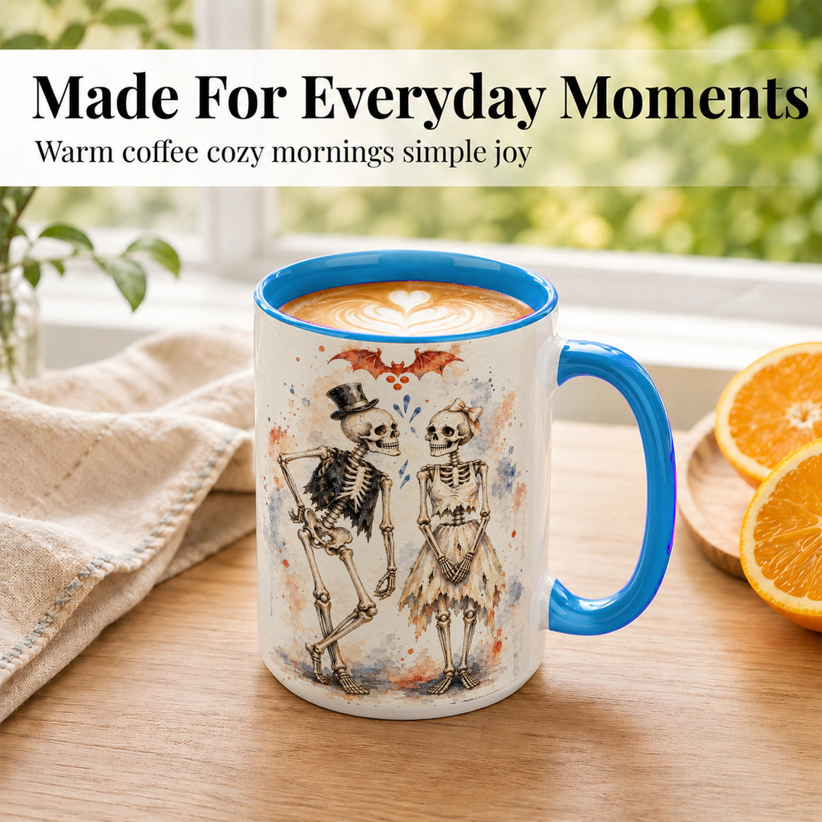 #pl[15oz|Blue] Skeleton Couple Coffee Mug, Watercolor Gothic Mug, Ceramic Cup