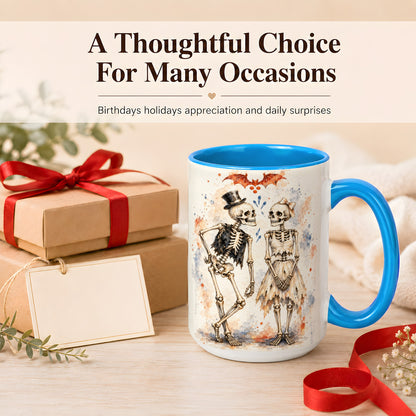 #pl[15oz|Blue] Skeleton Couple Coffee Mug, Watercolor Gothic Mug, Ceramic Cup