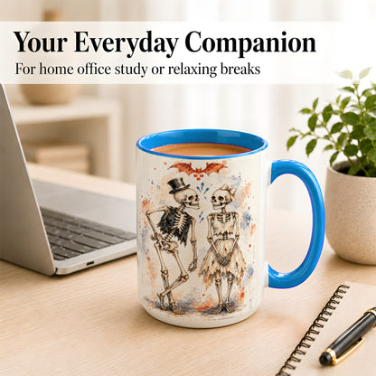 #pl[15oz|Blue] Skeleton Couple Coffee Mug, Watercolor Gothic Mug, Ceramic Cup