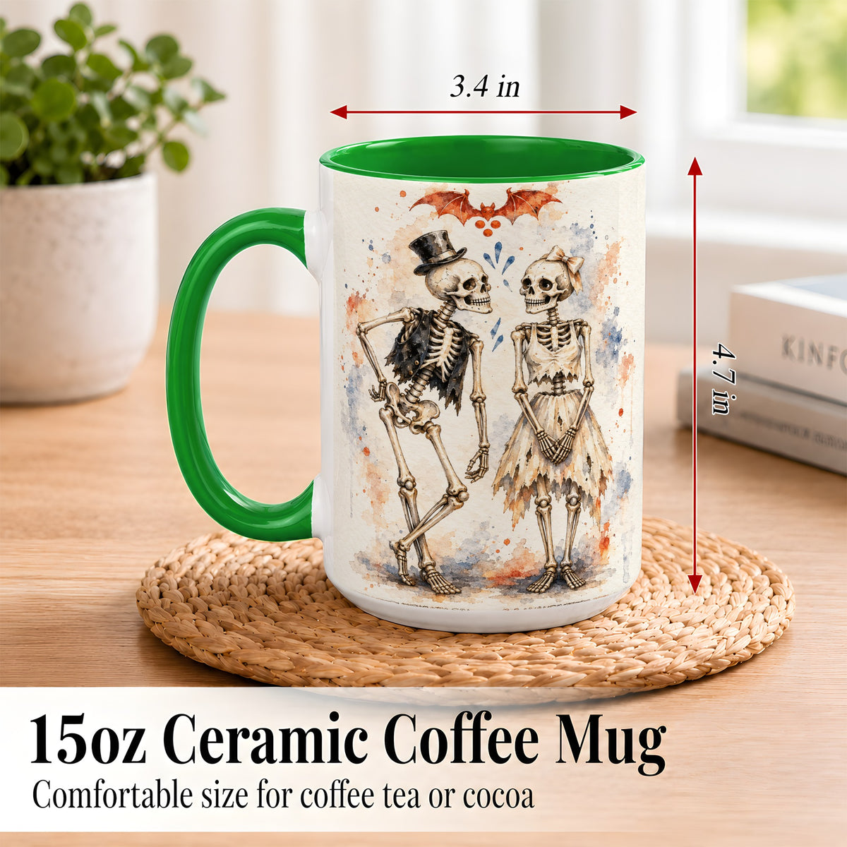 #pl[15oz|Green] Skeleton Couple Coffee Mug, Watercolor Gothic Mug, Ceramic Cup